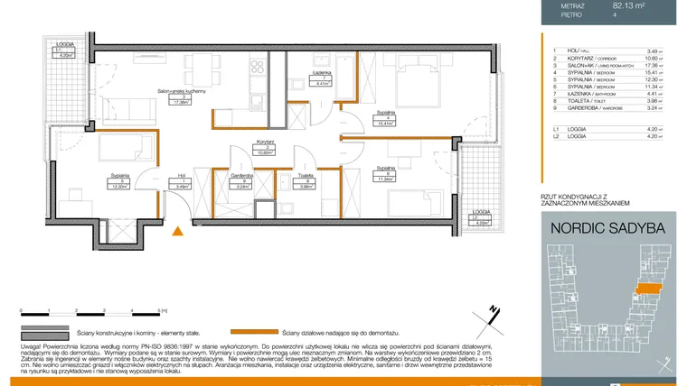 Rzut - Mieszkanie na sprzedaż 4 pokoje o powierzchni 82,13 m² - numer B41 w Nordic Sadyba