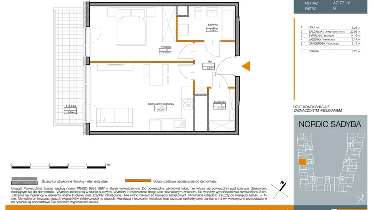 Rzut - Mieszkanie na sprzedaż 2 pokoje o powierzchni 47,77 m² - numer F92 w Nordic Sadyba