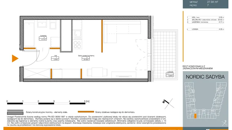 Rzut - Mieszkanie na sprzedaż 1 pokój o powierzchni 27,94 m² - numer E72 w Nordic Sadyba