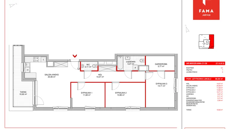 Rzut - Mieszkanie na sprzedaż 4 pokoje o powierzchni 96,06 m² - numer C1/38 w Fama Jeżyce