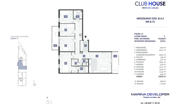 Rzut - Mieszkanie na sprzedaż 5 pokoi o powierzchni 133,65 m² - numer B.4.3 w CLUBHOUSE
