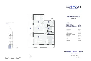 Rzut - Mieszkanie na sprzedaż 3 pokoje o powierzchni 66,53 m² - numer A.2.5 w CLUBHOUSE