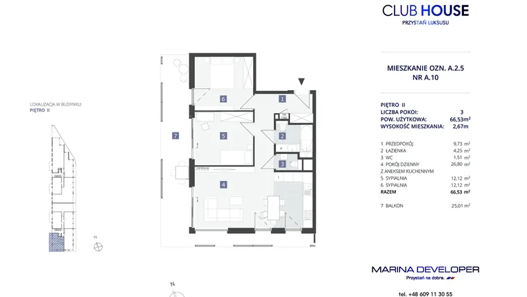 Rzut - Mieszkanie na sprzedaż 3 pokoje o powierzchni 66,53 m² - numer A.2.5 w CLUBHOUSE