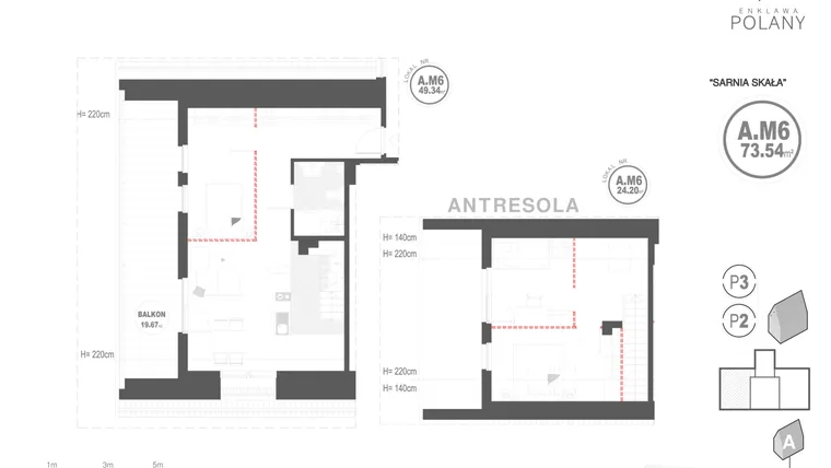 Rzut - Mieszkanie na sprzedaż 4 pokoje o powierzchni 75,93 m² - numer A.M6 w Enklawa Polany