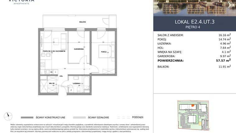Rzut - Mieszkanie na sprzedaż 3 pokoje o powierzchni 57,57 m² - numer E2.4.UT.3 w Victoria Apartments