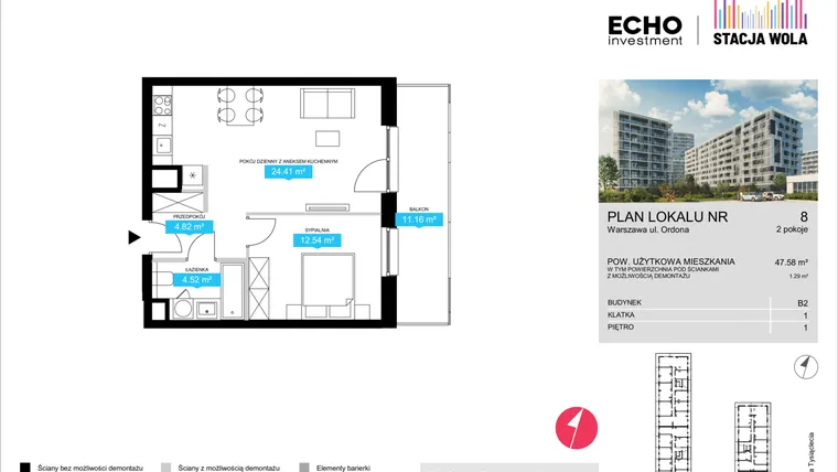 Rzut - Mieszkanie na sprzedaż 2 pokoje o powierzchni 47,58 m² - numer B2.8 w Stacja Wola - Etap II