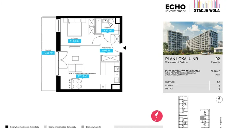 Rzut - Mieszkanie na sprzedaż 2 pokoje o powierzchni 50,76 m² - numer B2.92 w Stacja Wola - Etap II