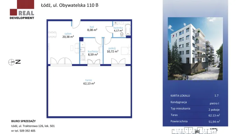 Rzut - Mieszkanie na sprzedaż 2 pokoje o powierzchni 51,94 m² - numer 1.7 w Ewelin II