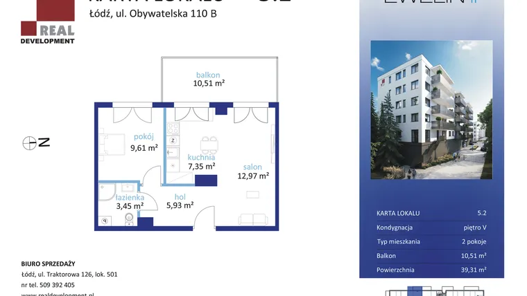 Rzut - Mieszkanie na sprzedaż 2 pokoje o powierzchni 39,31 m² - numer 5.2 w Ewelin II