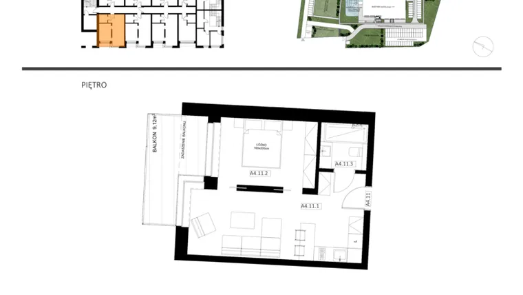 Rzut - Mieszkanie na sprzedaż 2 pokoje o powierzchni 43,11 m² - numer A4.11 w Apartamenty Dźwirzyno