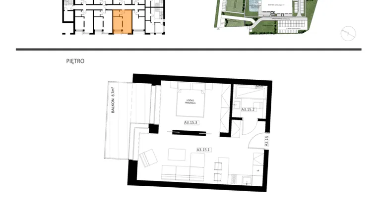 Rzut - Mieszkanie na sprzedaż 2 pokoje o powierzchni 39,4 m² - numer A3.15 w Apartamenty Dźwirzyno