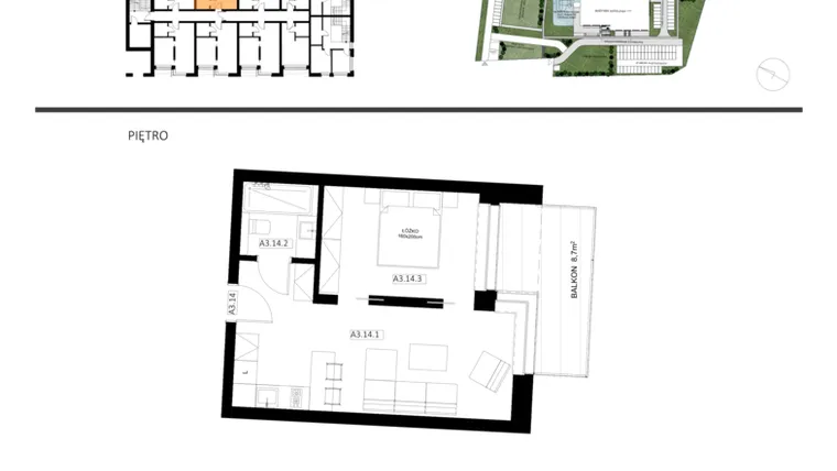 Rzut - Mieszkanie na sprzedaż 2 pokoje o powierzchni 39,28 m² - numer A3.14 w Apartamenty Dźwirzyno