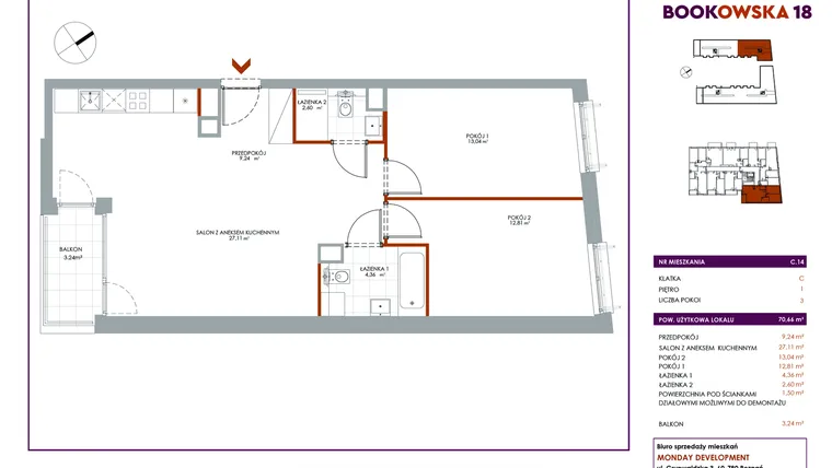 Rzut - Mieszkanie na sprzedaż 3 pokoje o powierzchni 70,66 m² - numer C/14 w Bookowska 18