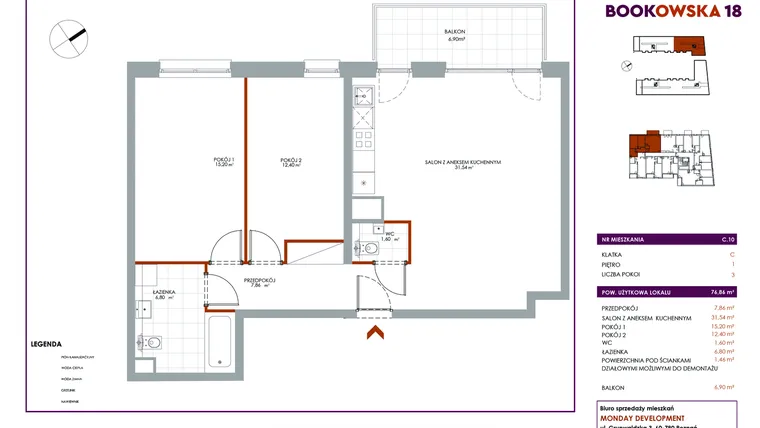 Rzut - Mieszkanie na sprzedaż 3 pokoje o powierzchni 76,86 m² - numer C/10 w Bookowska 18