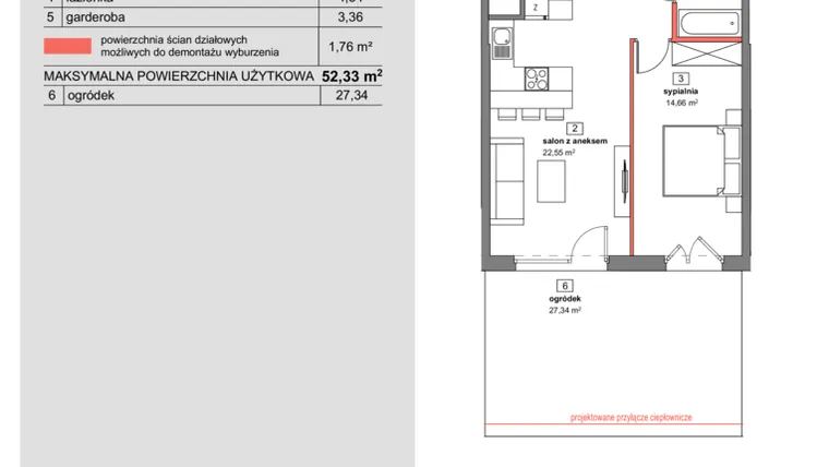 Rzut - Mieszkanie na sprzedaż 2 pokoje o powierzchni 52,33 m² - numer A.0.11 w Bartycka 49