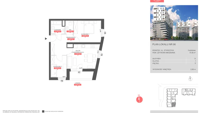 Rzut - Mieszkanie na sprzedaż 3 pokoje o powierzchni 57,06 m² - numer D.96 w Osiedle KRK - etap II