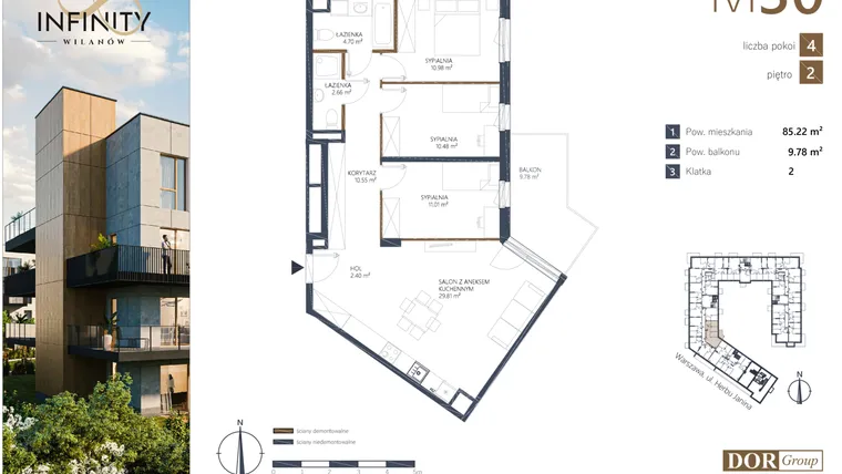 Rzut - Mieszkanie na sprzedaż 4 pokoje o powierzchni 85,22 m² - numer KL 2.30 w Infinity Wilanów