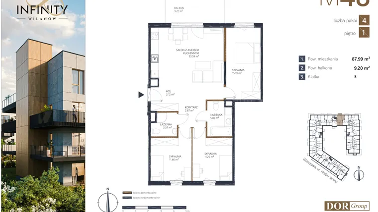 Rzut - Mieszkanie na sprzedaż 4 pokoje o powierzchni 87,99 m² - numer KL 3.48 w Infinity Wilanów