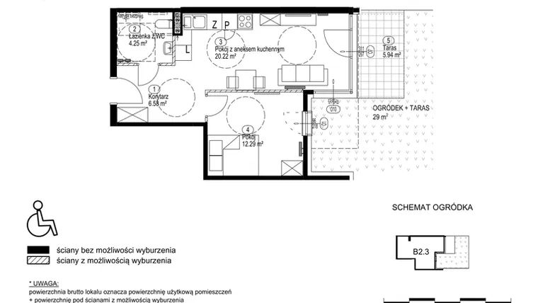 Rzut - Mieszkanie na sprzedaż 2 pokoje o powierzchni 44,16 m² - numer B2.3 w Morelova