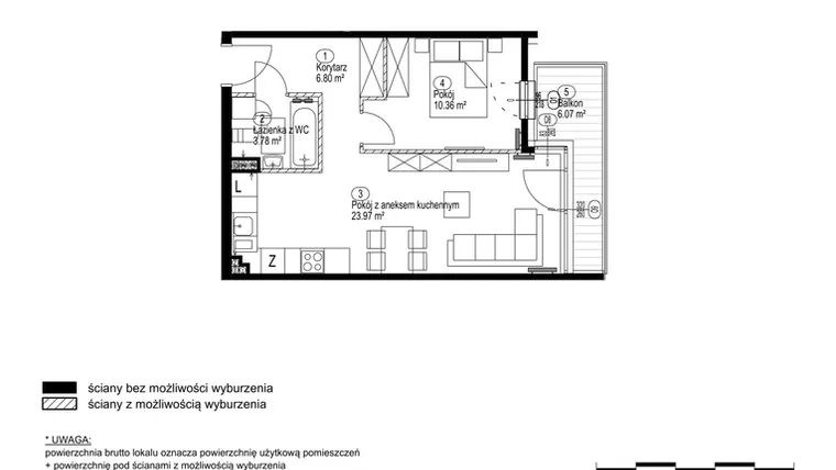 Rzut - Mieszkanie na sprzedaż 2 pokoje o powierzchni 46,07 m² - numer B1.26 w Morelova