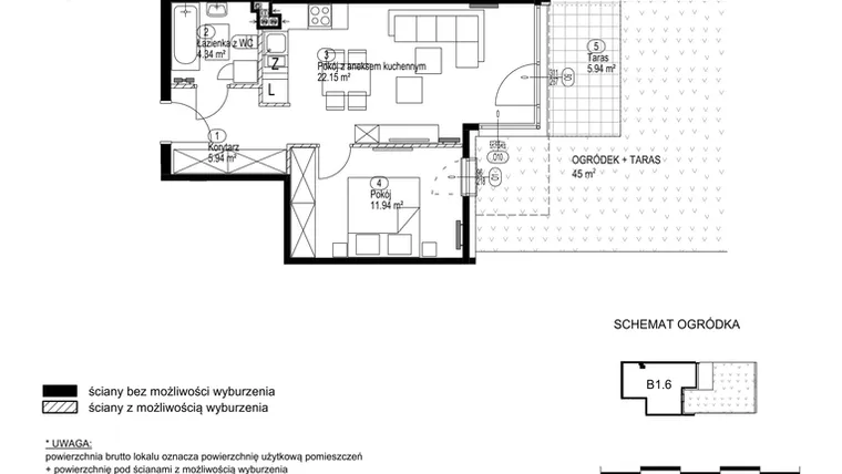 Rzut - Mieszkanie na sprzedaż 2 pokoje o powierzchni 45,31 m² - numer B1.6 w Morelova