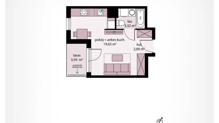 Rzut - Mieszkanie na sprzedaż 1 pokój o powierzchni 25,4 m² - numer B 63 w Moja Północna etap II