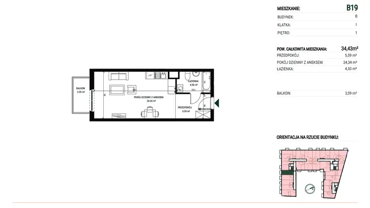 Rzut - Mieszkanie na sprzedaż 1 pokój o powierzchni 34,45 m² - numer B19 w Lofthaus Zabłocie