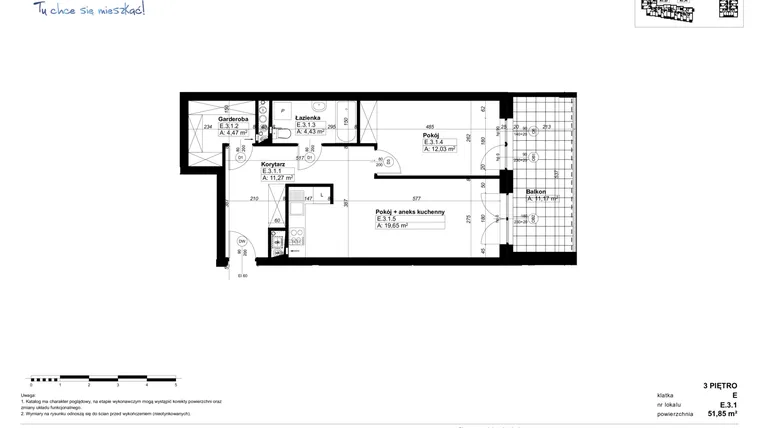 Rzut - Mieszkanie na sprzedaż 2 pokoje o powierzchni 51,85 m² - numer E.3.1 w Świerzawska 4