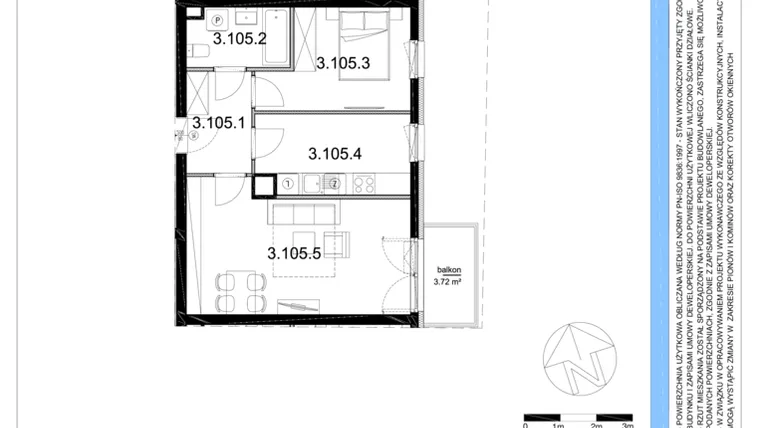 Rzut - Mieszkanie na sprzedaż 2 pokoje o powierzchni 51,86 m² - numer 3.105 w Osiedle Rycerskie Etap IV