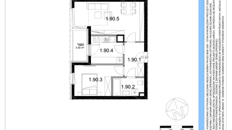 Rzut - Mieszkanie na sprzedaż 2 pokoje o powierzchni 48,38 m² - numer 1.90 w Osiedle Rycerskie Etap IV