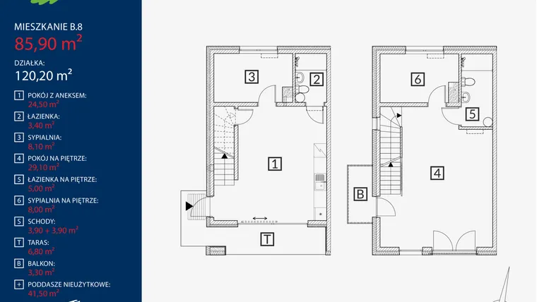 Rzut - Mieszkanie na sprzedaż 4 pokoje o powierzchni 85,9 m² - numer B8 w Dębinowa Oaza