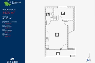 Rzut - Mieszkanie na sprzedaż 2 pokoje o powierzchni 34 m² - numer B2A w Dębinowa Oaza