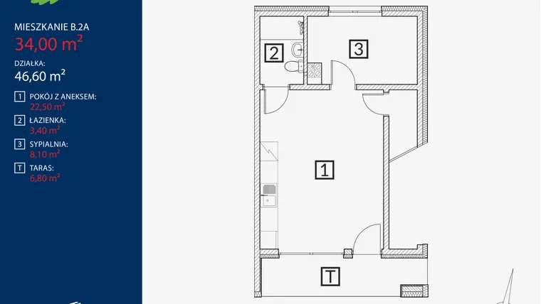Rzut - Mieszkanie na sprzedaż 2 pokoje o powierzchni 34 m² - numer B2A w Dębinowa Oaza