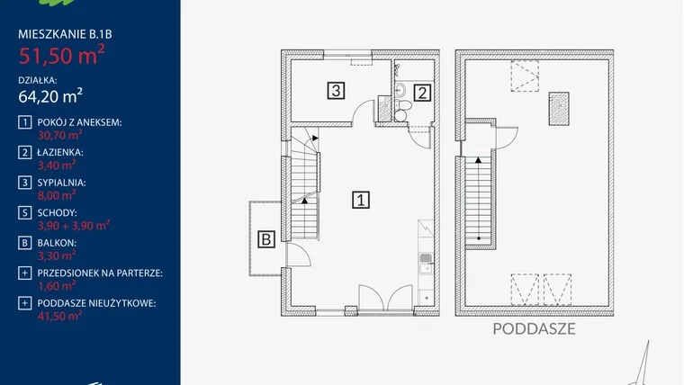 Rzut - Mieszkanie na sprzedaż 2 pokoje o powierzchni 51,5 m² - numer B1B w Dębinowa Oaza