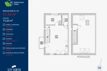 Rzut - Mieszkanie na sprzedaż 2 pokoje o powierzchni 51,5 m² - numer B11B w Dębinowa Oaza