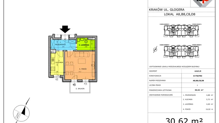 Rzut - Mieszkanie na sprzedaż 1 pokój o powierzchni 30,62 m² - numer B8 w Glogera Park