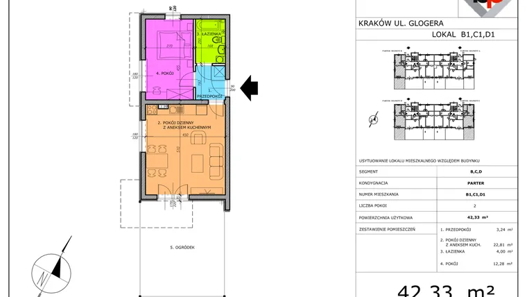 Rzut - Mieszkanie na sprzedaż 1 pokój o powierzchni 42,33 m² - numer C1 w Glogera Park