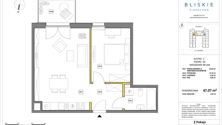 Rzut - Mieszkanie na sprzedaż 2 pokoje o powierzchni 47,07 m² - numer 104 w Bliskie Piaseczno