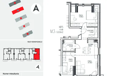 Rzut - Mieszkanie na sprzedaż 3 pokoje o powierzchni 53,8 m² - numer 4-5 w Ul. Ogrodowa - Etap II