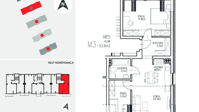 Rzut - Mieszkanie na sprzedaż 3 pokoje o powierzchni 53,8 m² - numer 4-5 w Ul. Ogrodowa - Etap II