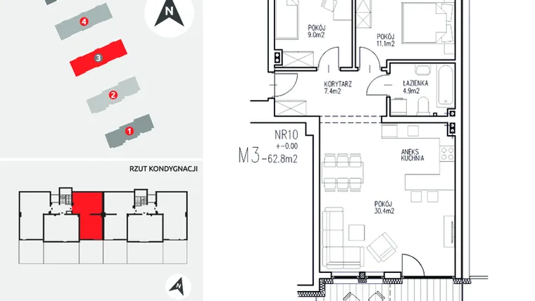 Rzut - Mieszkanie na sprzedaż 3 pokoje o powierzchni 62,8 m² - numer 3-10 w Ul. Ogrodowa - Etap II