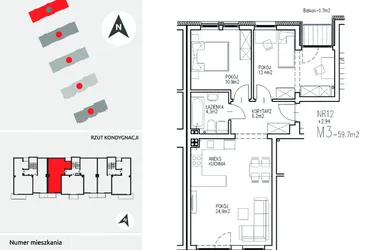 Rzut - Mieszkanie na sprzedaż 3 pokoje o powierzchni 59,7 m² - numer 5-12 w Ul. Ogrodowa - Etap II