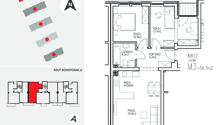 Rzut - Mieszkanie na sprzedaż 3 pokoje o powierzchni 59,7 m² - numer 5-12 w Ul. Ogrodowa - Etap II