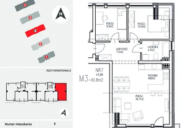 Rzut - Mieszkanie na sprzedaż 3 pokoje o powierzchni 61,8 m² - numer 3-7 w Ul. Ogrodowa - Etap II