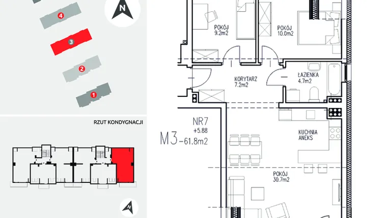 Rzut - Mieszkanie na sprzedaż 3 pokoje o powierzchni 61,8 m² - numer 3-7 w Ul. Ogrodowa - Etap II