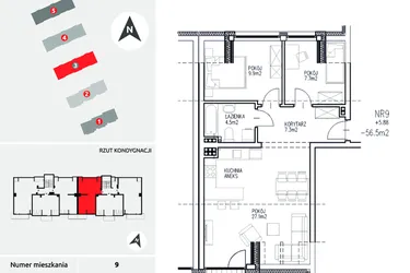 Rzut - Mieszkanie na sprzedaż 3 pokoje o powierzchni 56,5 m² - numer 3-9 w Ul. Ogrodowa - Etap II