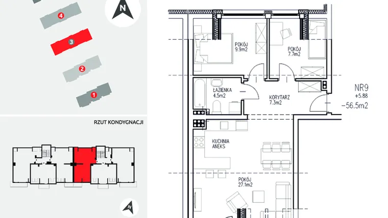 Rzut - Mieszkanie na sprzedaż 3 pokoje o powierzchni 56,5 m² - numer 3-9 w Ul. Ogrodowa - Etap II