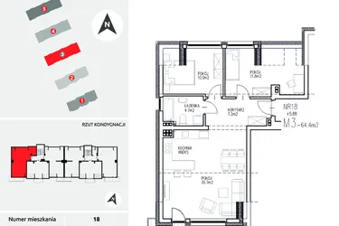 Rzut - Mieszkanie na sprzedaż 3 pokoje o powierzchni 64,4 m² - numer 3-18 w Ul. Ogrodowa - Etap II