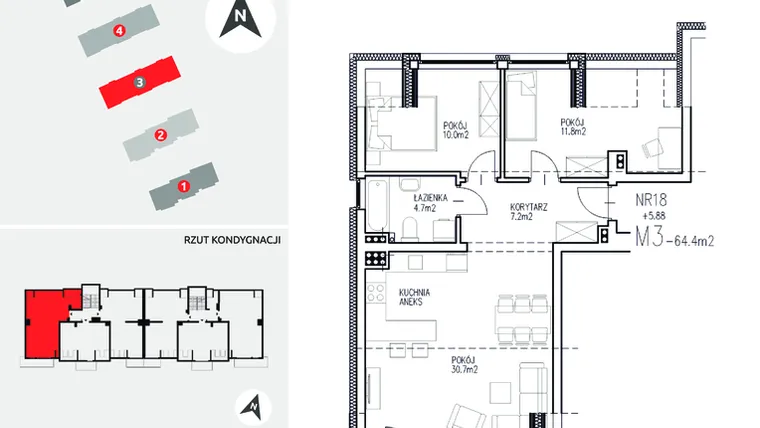 Rzut - Mieszkanie na sprzedaż 3 pokoje o powierzchni 64,4 m² - numer 3-18 w Ul. Ogrodowa - Etap II