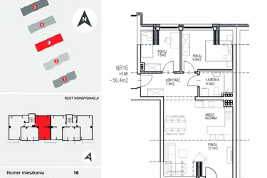 Rzut - Mieszkanie na sprzedaż 3 pokoje o powierzchni 56,4 m² - numer 3-16 w Ul. Ogrodowa - Etap II